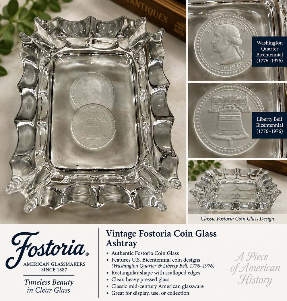 Vintage Fostoria Coin Glass Ashtray Clear Rectangular Scalloped Edge Bicentennia